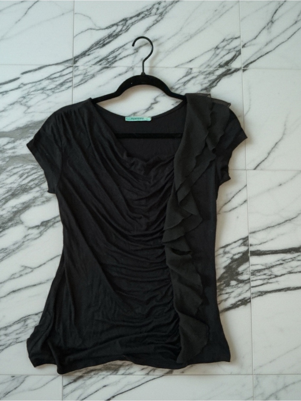 Pleione Black Ruched Ruffle Blouse Top Short Sleeve Size Small